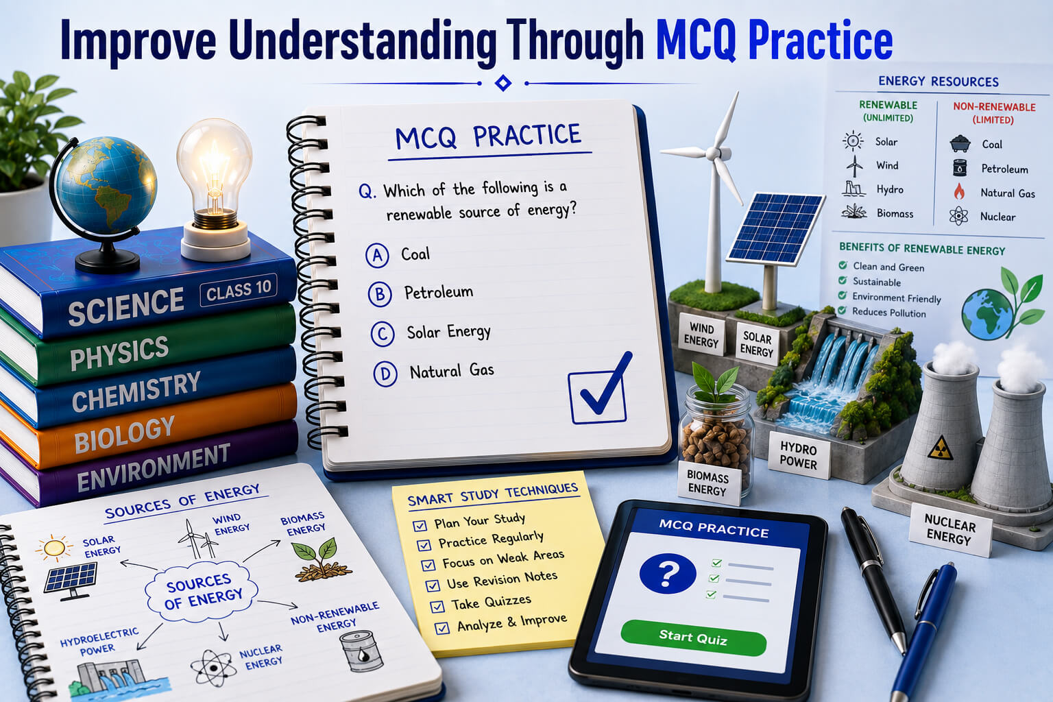 MCQ Practice Screen - AI Quiz Dashboard - Student Progress Analytics