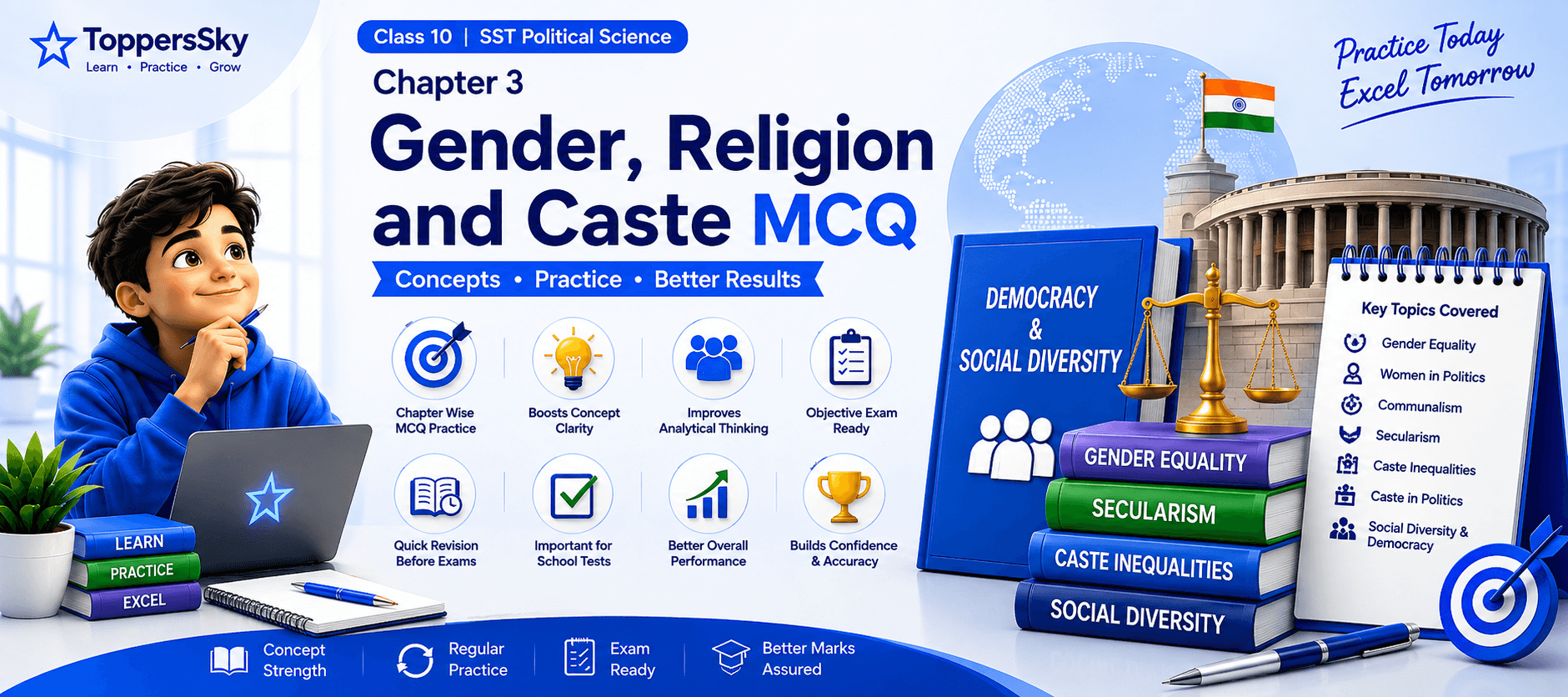 Gender, Religion and Caste Quiz Banner / Political Science MCQ Dashboard