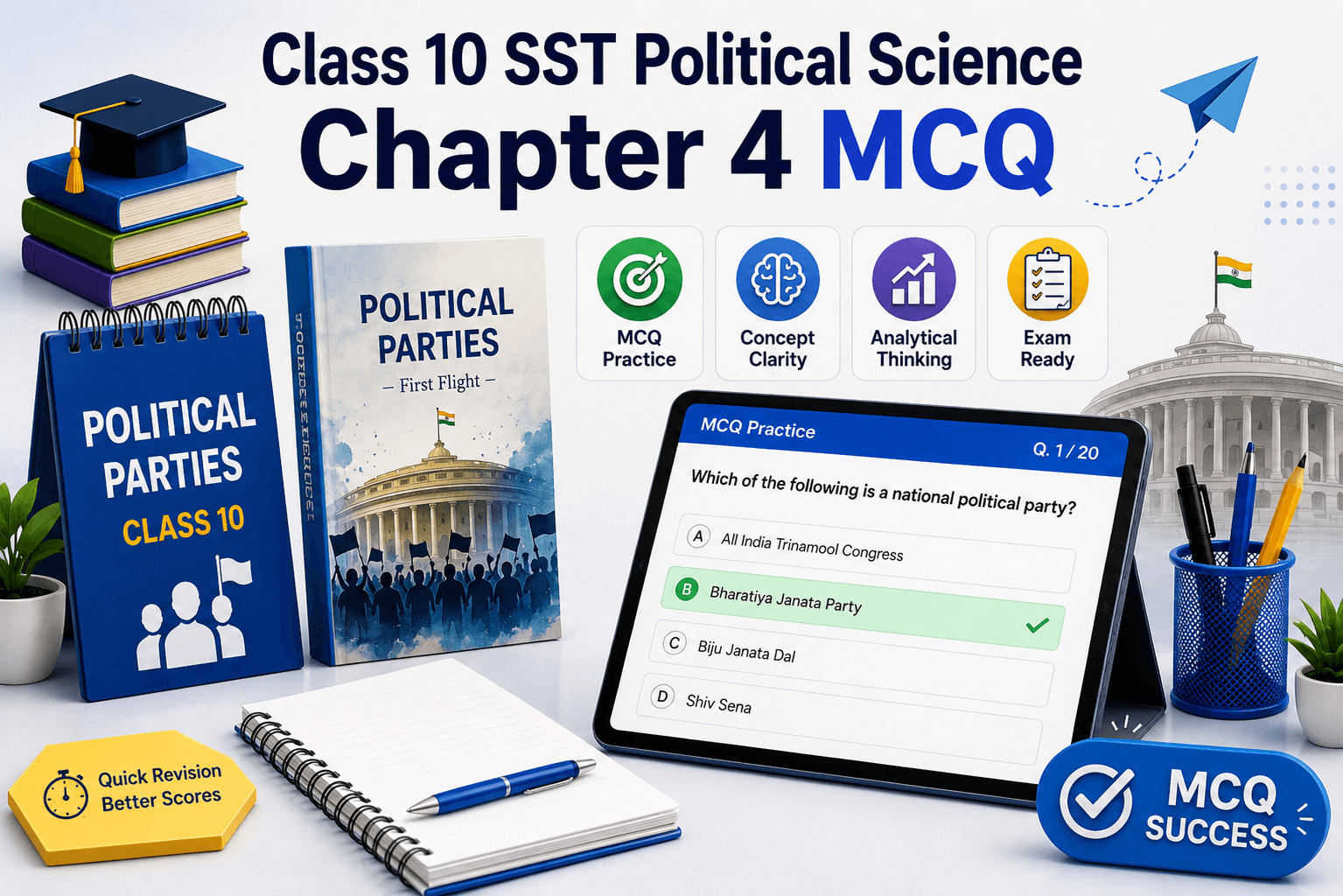 Political Parties Quiz Banner / Political Science MCQ Dashboard