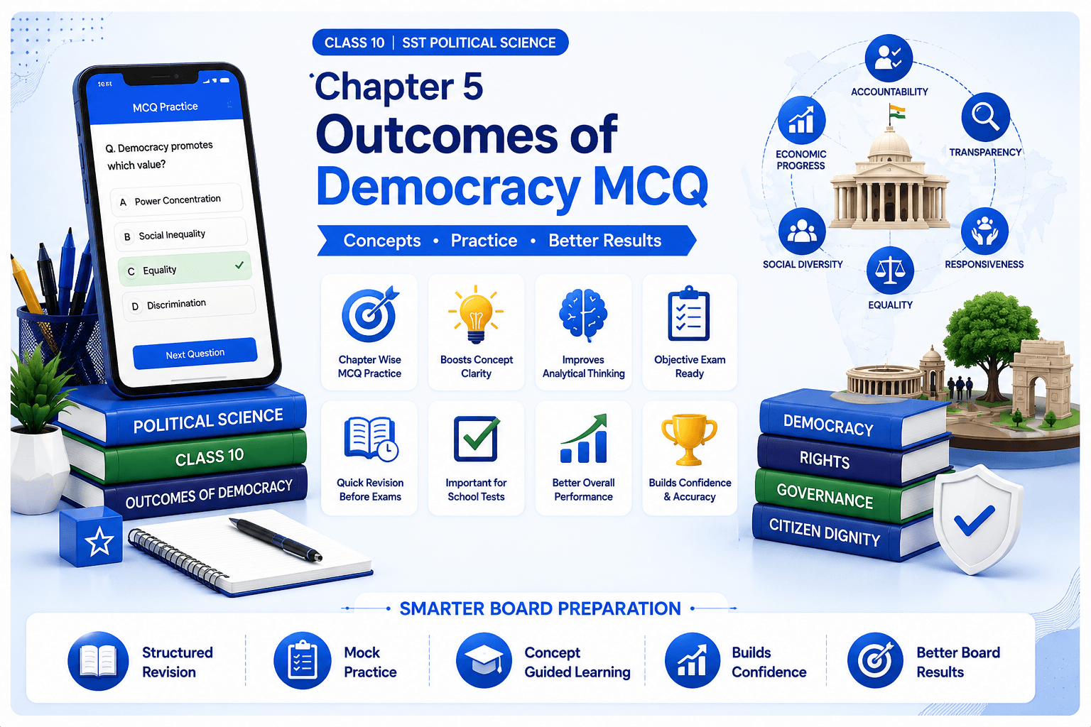 Outcomes of Democracy Quiz Banner / Political Science MCQ Dashboard